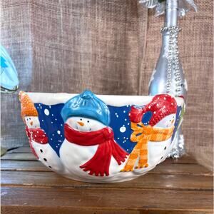 St. Nicholas Square Snow Days Serving Bowl~Embossed Snowmen~ Holiday Decor